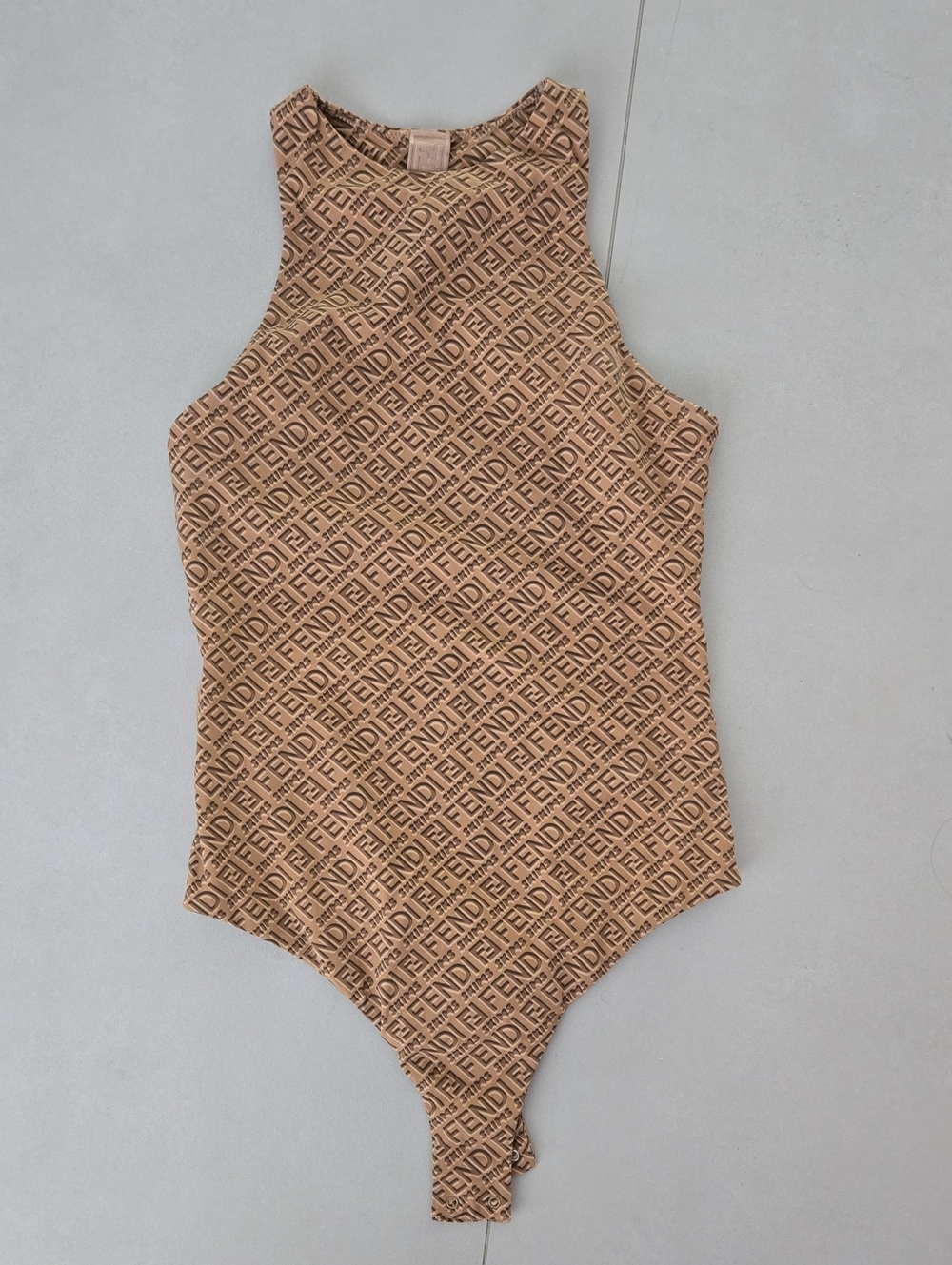 New Fendi X Skims Tan High Neck Logo One-Piece Bodysuit Size S
